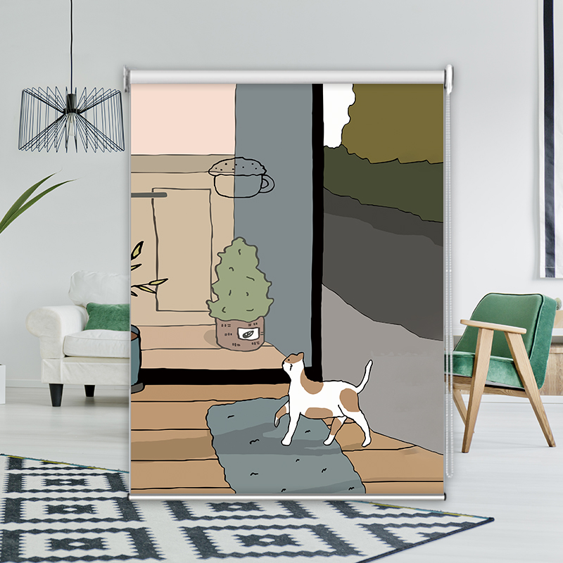 北欧小猫定制卷帘免打孔升降式全遮光拉珠卫生间浴室厨房防水窗帘