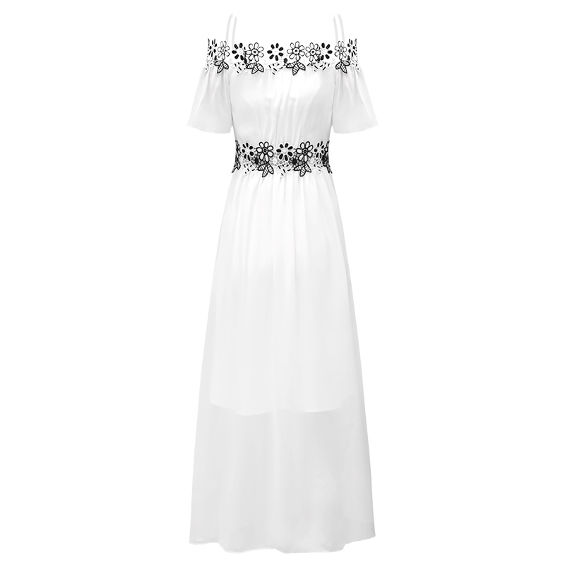 一字肩露肩吊带连衣裙显瘦白色雪纺长裙女夏性感蕾丝海边沙滩裙子