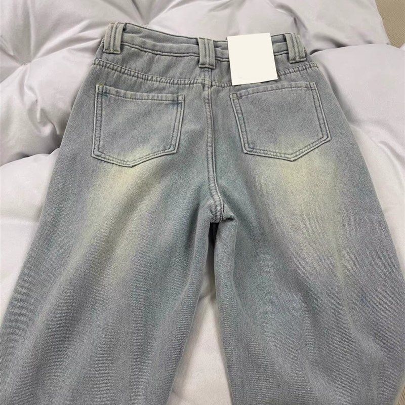 复古浅蓝色加绒加厚直筒牛仔裤女秋冬小个子高腰显瘦垂感阔腿裤子
