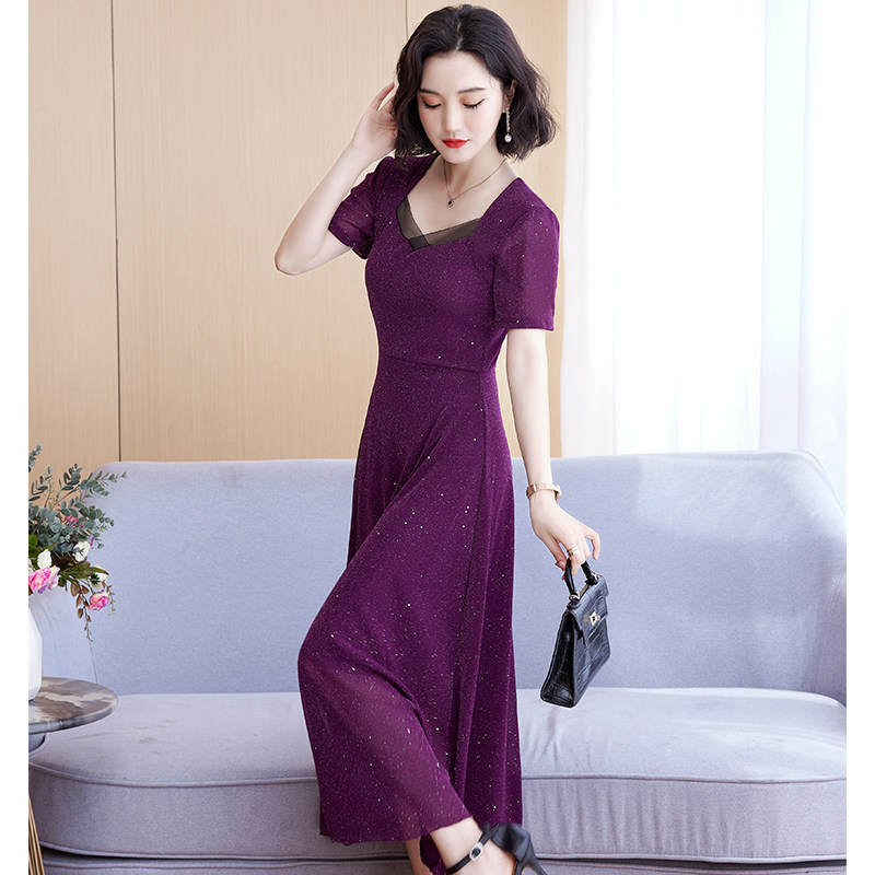 2022新款夏季短袖网纱气质长款连衣裙女大码收腰显瘦过膝长裙子,女装/女士精品,连衣裙,淘宝优惠券,粉丝福利购,淘宝优惠卷