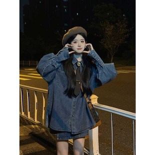 2023新款 韩系慵懒感牛仔衬衫 外套女秋冬季 富家千金风半身短裙套装