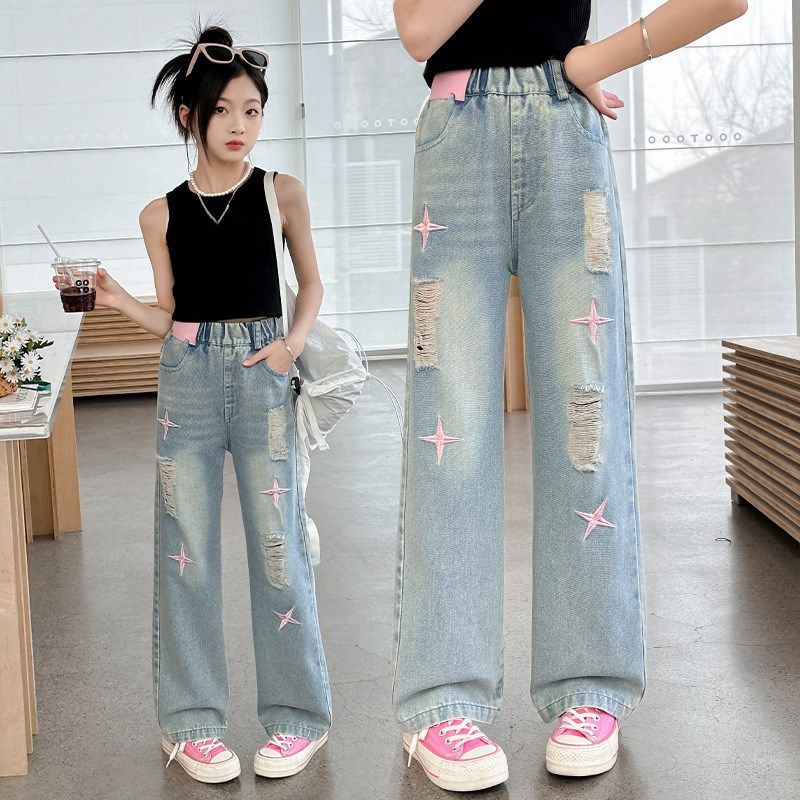女童裤子夏季薄款女大童宽松直筒小学生破洞阔腿裤夏装儿童牛仔裤,童装/婴儿装/亲子装,儿童牛仔裤,淘宝优惠券,粉丝福利购,淘宝优惠卷