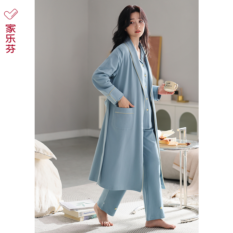睡袍女士睡衣春秋款秋季浴袍睡裙长款薄款纯棉长袖家居服三件套装