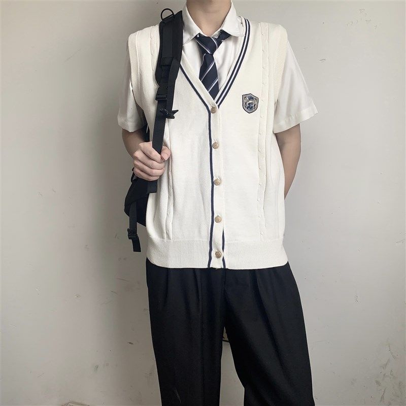 喵丸子jk制服dk毛衣马甲背心开衫学院风针织深灰色宽松外套校供男