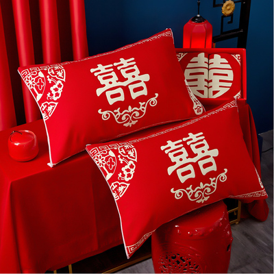 婚庆枕巾纯棉纱布一对装百年好合枕套大红色高档全棉结婚款喜字