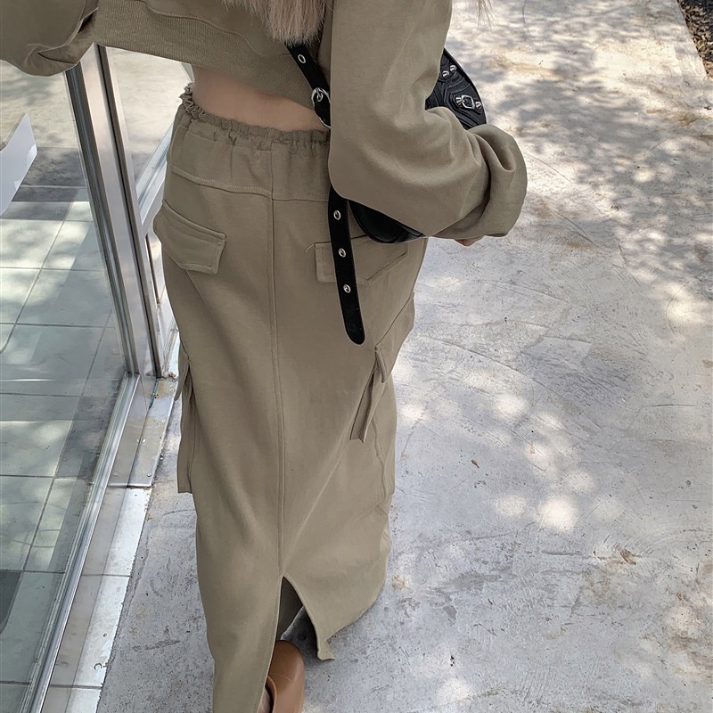港味复古辣妹休闲套装女秋季小个子圆领卫衣开叉工装长裙子两件套
