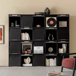 皮埃尔柜实木书柜自由组合柜一体靠墙客厅黑色模块展示柜储物边柜