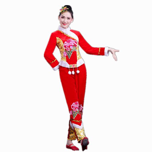 秧歌服女演出服装中老年喜庆腰鼓扇子广场舞套装2021新款冬季加厚