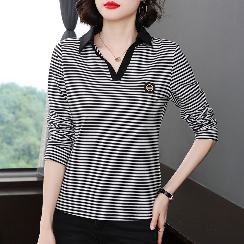 纯棉有领长袖t恤女 宽松秋装洋气翻领休闲上衣中年妈妈条纹打底衫