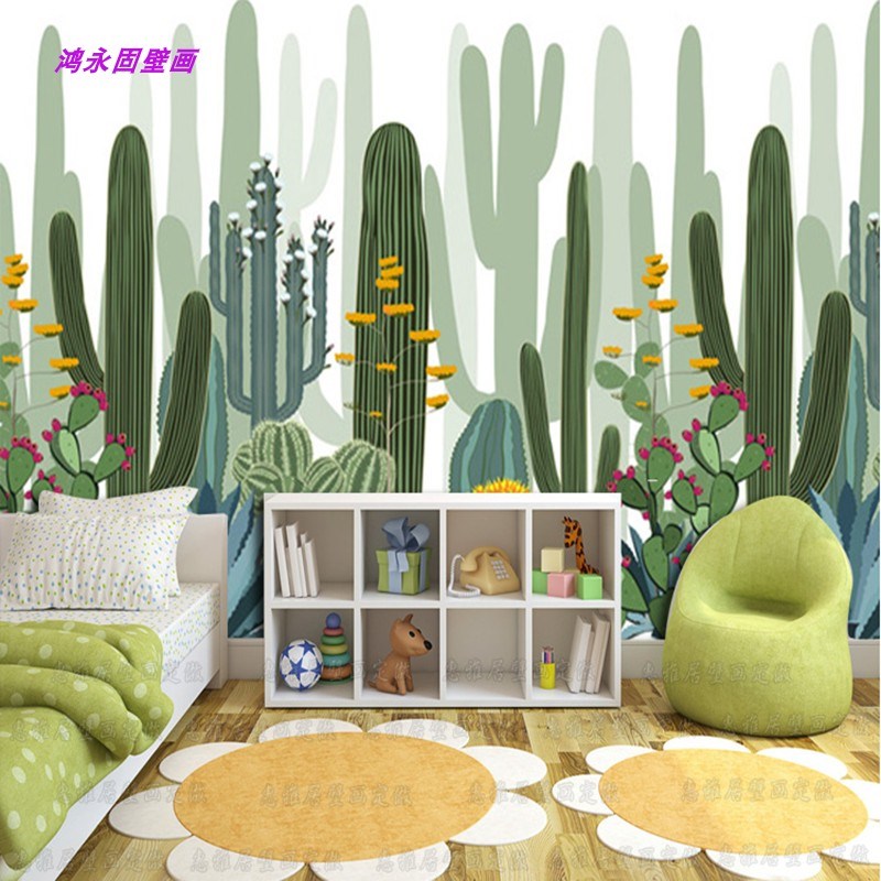 手绘沙漠植物仙人掌立体个性装饰客厅墙壁装饰画墙布定制尺寸壁画图片