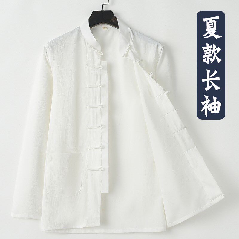 新中式唐装男款夏季长袖上衣中国风免烫夏装工作服男薄款抗皱衬衫
