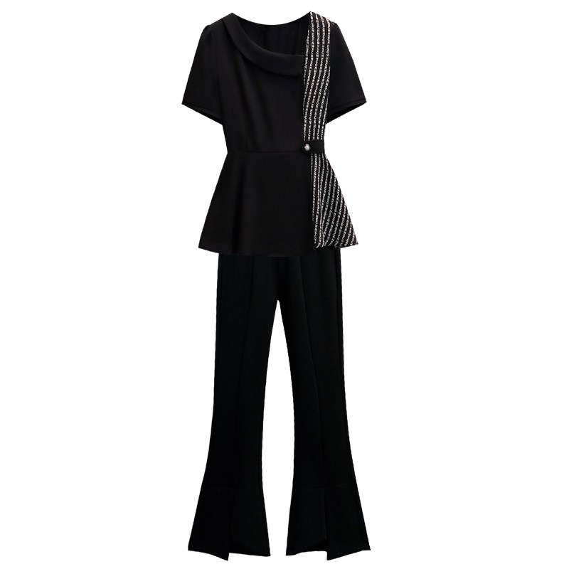 胖妹妹洋气宽松显瘦遮肚子雪纺衬衫上衣七分裤两件套大码女装藏肉