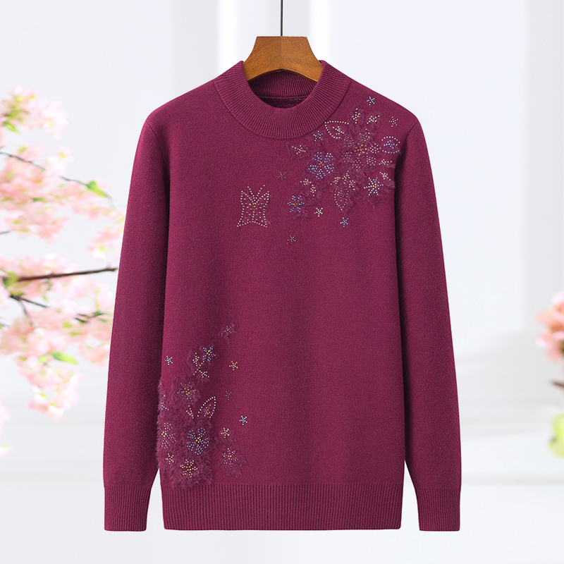 妈妈装加厚加绒半高领毛衣中老年女装套头镶钻宽松保暖针织打底衫