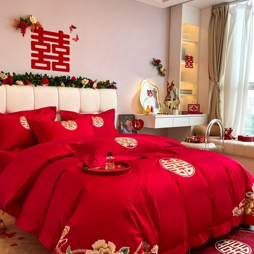 高档中式全棉结婚四件套大红色床单被套纯棉婚庆床上用品婚房喜被