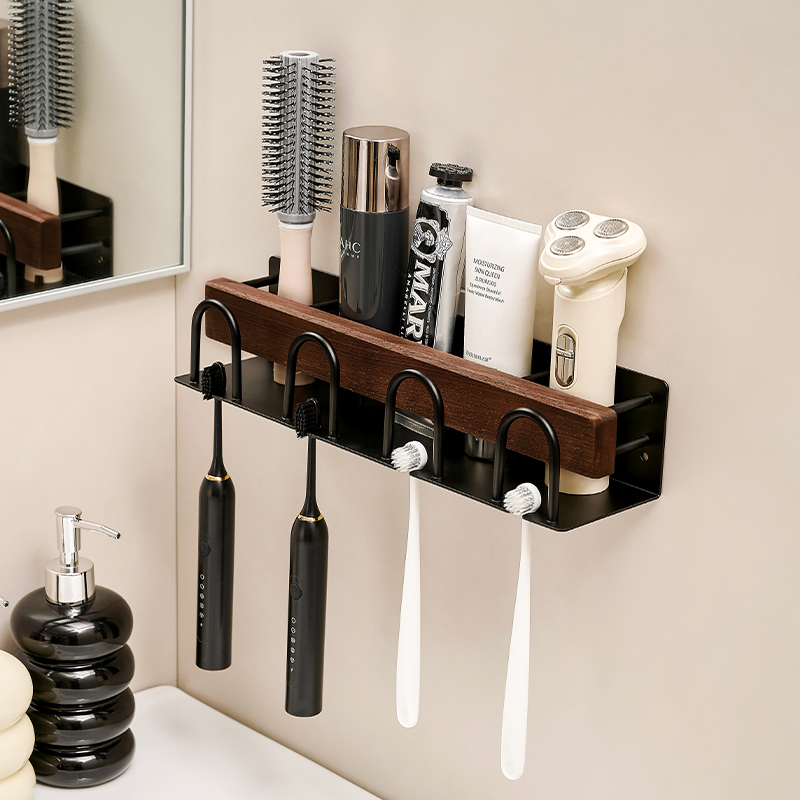胡桃木免打孔牙刷架收纳架