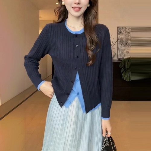 M1313韩系撞色拼接假两件长袖针织开衫女秋冬新款针织上衣