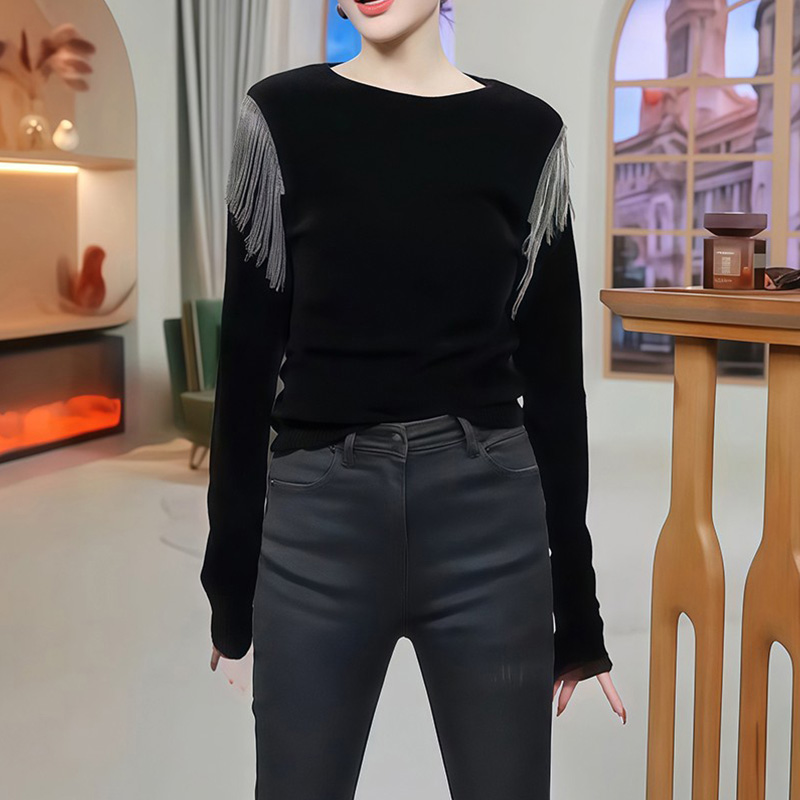 半高领金丝绒打底衫女秋冬欧货设计感洋气流苏上衣ins气质T恤长袖