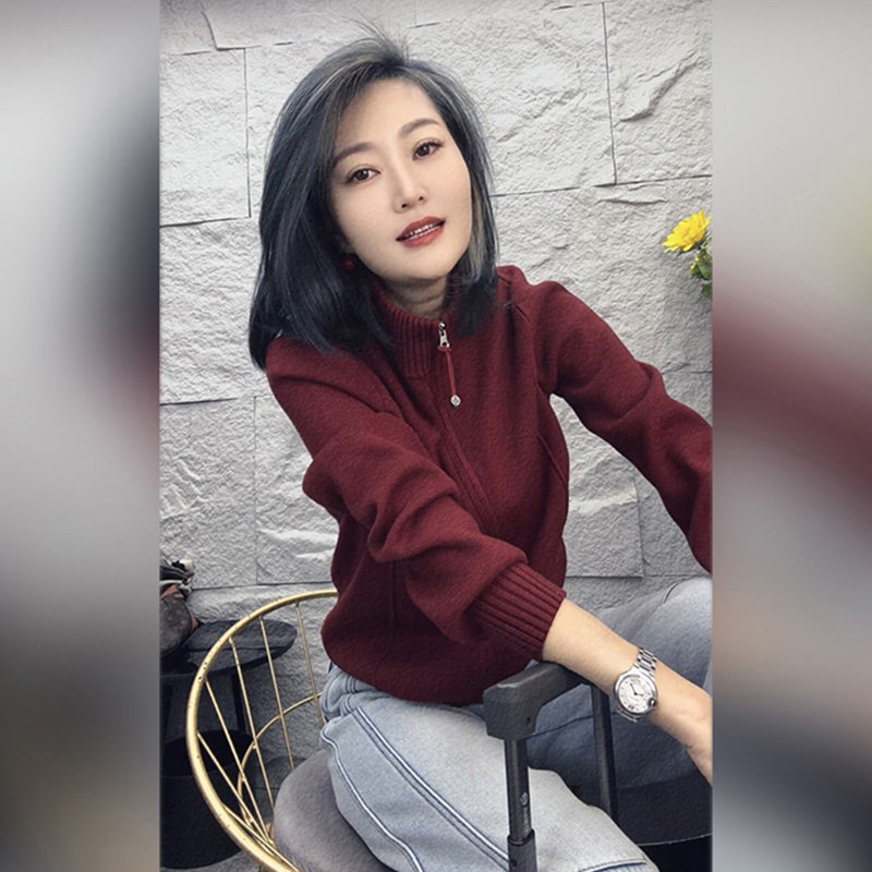 欧货秋冬季正肩长袖高领开衫毛衣女装新款原宿风酒红色针织衫上衣