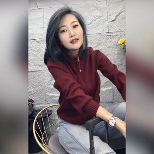 欧货秋冬季正肩长袖高领开衫毛衣女装新款原宿风酒红色针织衫上衣