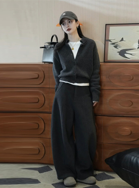 高级灰色阔腿裤女冬高腰气质针织衫搭配休闲运动弯刀卫裤两件套装