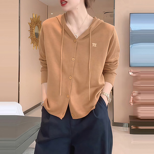 韩系简约气质抽绳连帽针织衫女春季新款小众休闲纯色显瘦减龄上衣