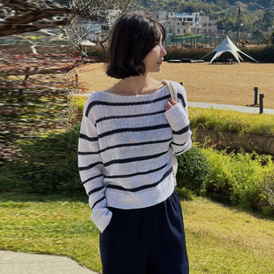 圆领落肩洋气上衣宽松条纹薄款 长袖 韩版 针织衫 毛衣 女2025秋冬新款