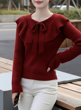 新款法式新年红色荷叶边蝴蝶结系带毛衣女春秋时髦设计感针织上衣