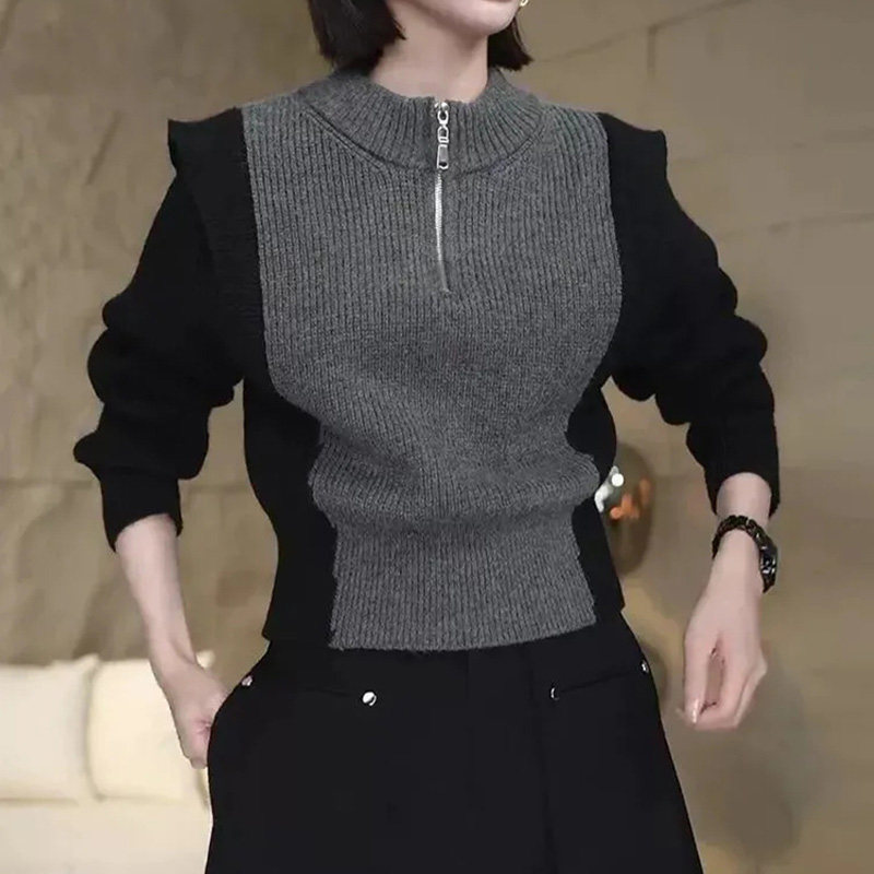 女款拉链气质拼接撞色设计感针织衫上衣秋冬季新款半流行爆款毛衣