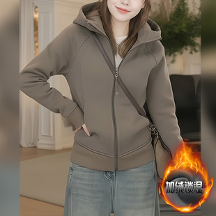设计感加绒连帽卫衣女款加厚新款爆款冬季装短款开衫长袖上衣外套