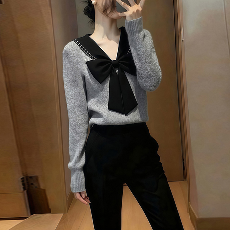 M956秋冬蝴蝶结慵懒风针织衫长袖女装显瘦打底针织上衣女