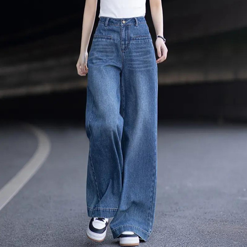 复古蓝色直筒阔腿喇叭牛仔裤女夏季新款时尚气质拖地长款显瘦裤子