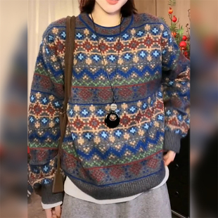 韩版复古提花针织衫女春季新款圆领长袖上衣宽松潮牌设计洋气毛衣