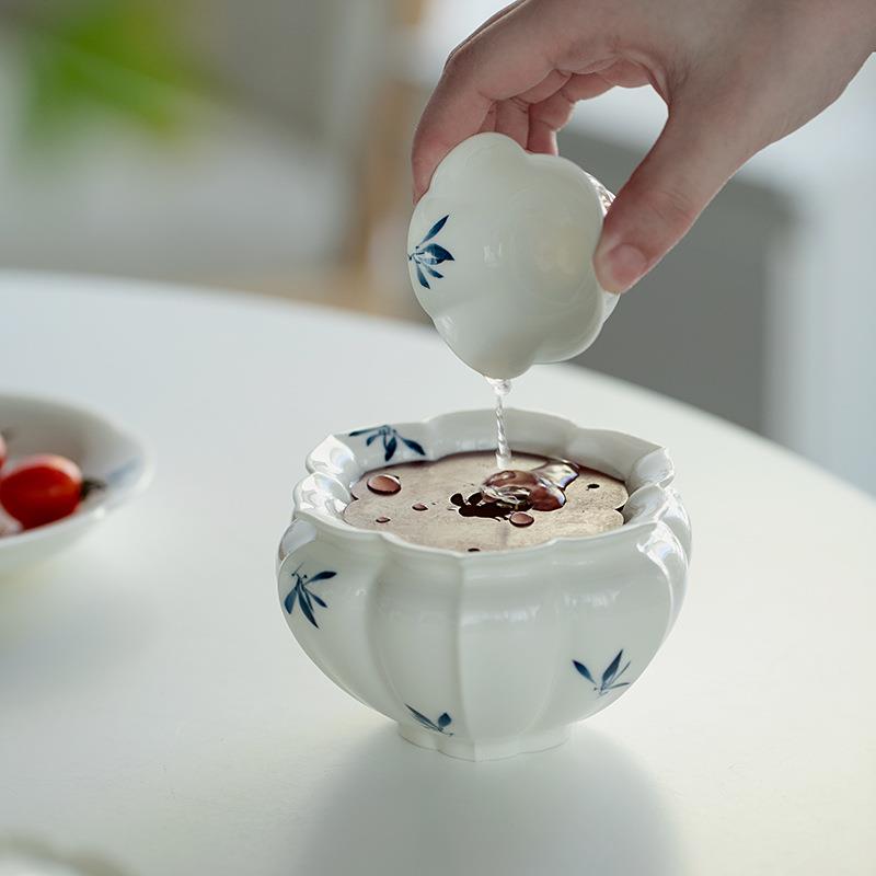 纯手绘蝴蝶兰花创意花口建水茶渣缸家用陶瓷干泡茶台蓄水孟养壶垫图片