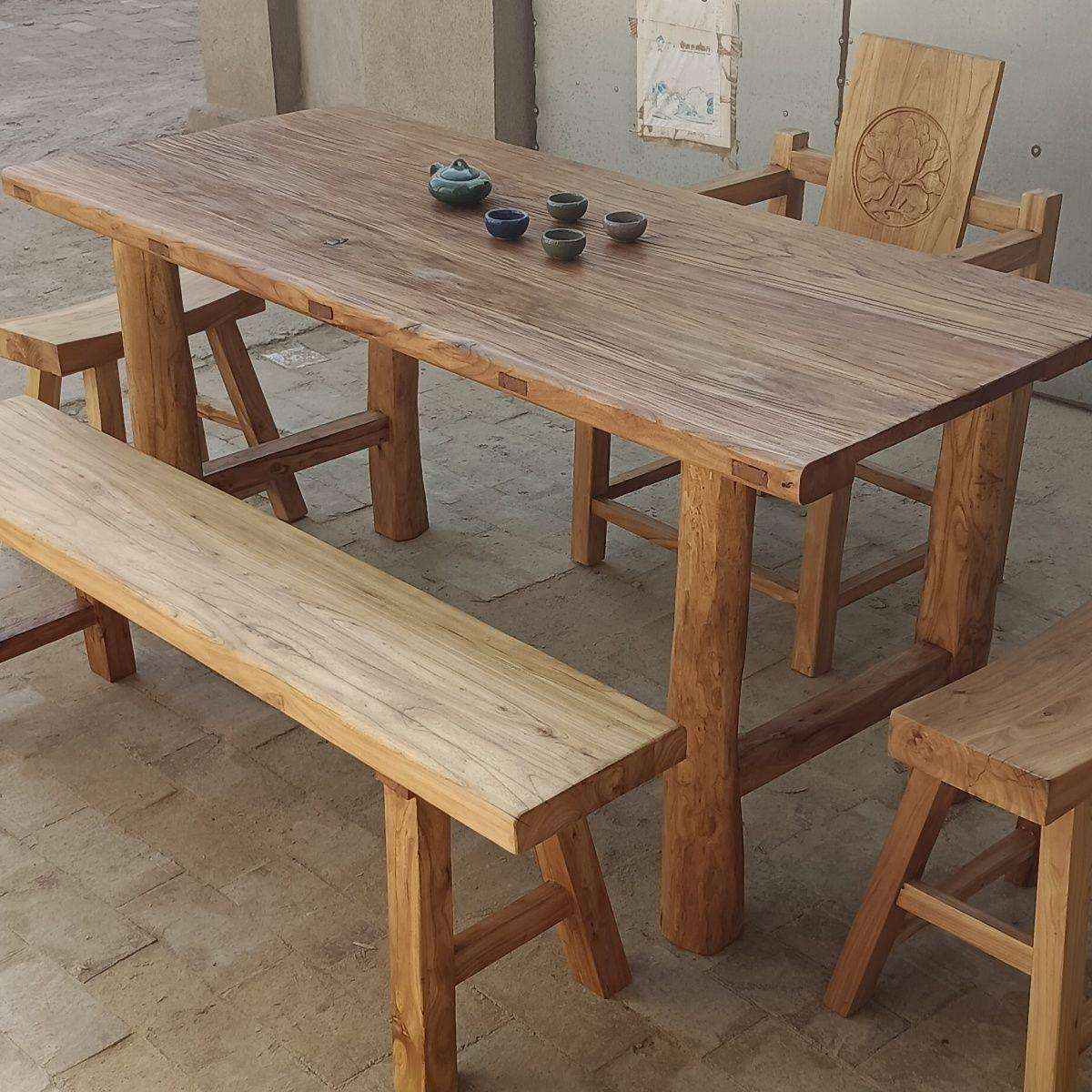 老榆木茶桌复古茶台实木书桌民宿桌椅原木做旧风化老门板桌子