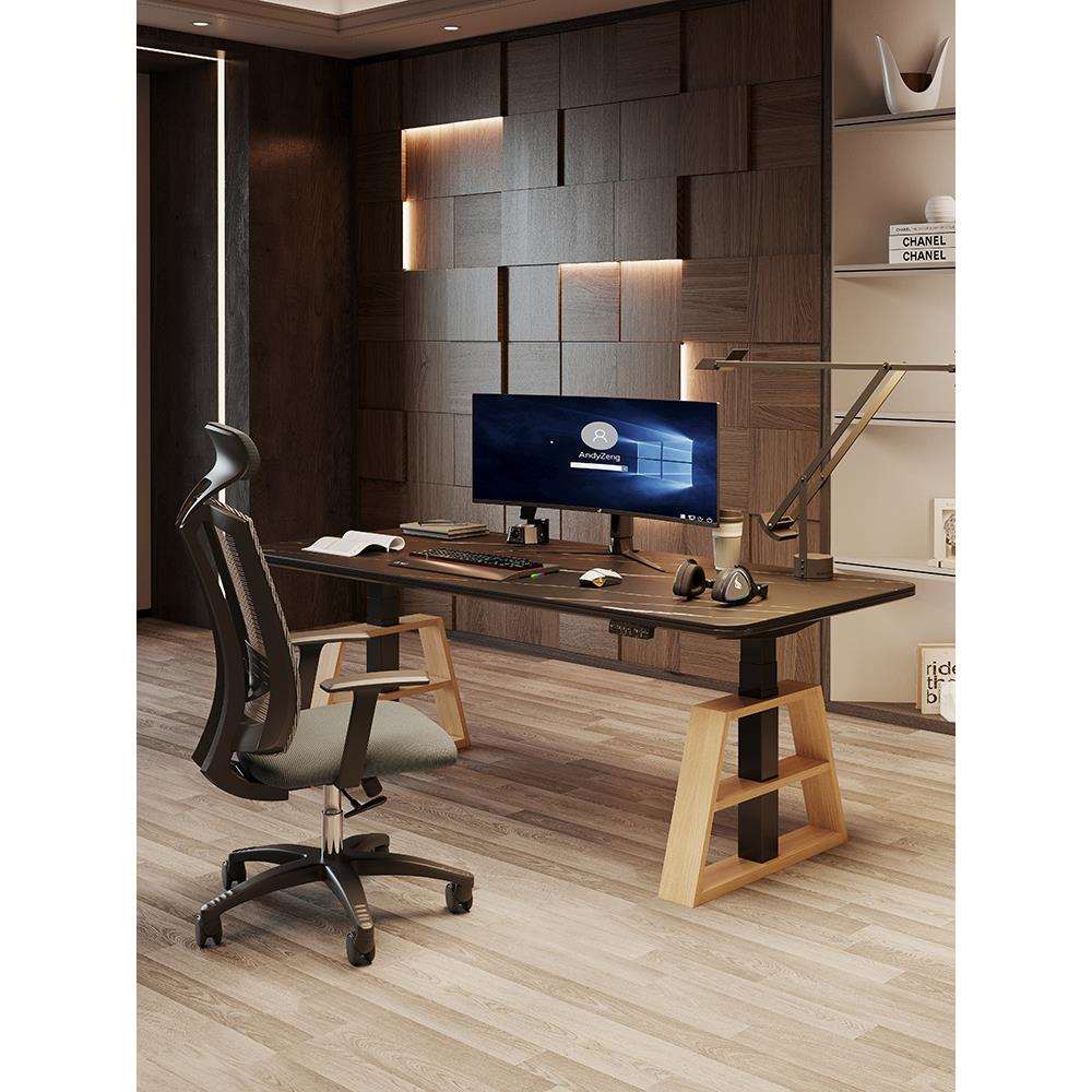 岩板现代简约电动升降桌台式电脑桌工作台站立式办公桌子家用书桌