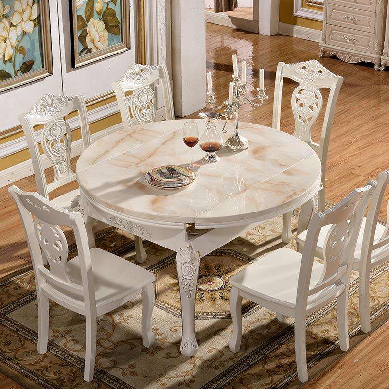 欧式餐桌椅组合实木饭桌现代简约可伸缩折叠大理石圆桌家用小户型