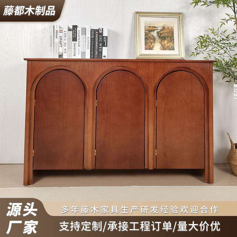 法式中古实木餐边柜储物收纳玄关柜家用客厅复古圆拱门艺术装饰柜