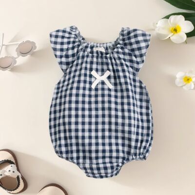 婴儿夏季连体衣格子爬服韩版ins蝴蝶结宝宝衣服新生儿