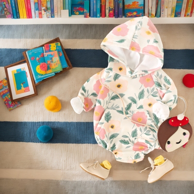 韩版厚秋冬包屁衣碎花加绒女宝宝衣服新生儿婴儿连帽连体衣