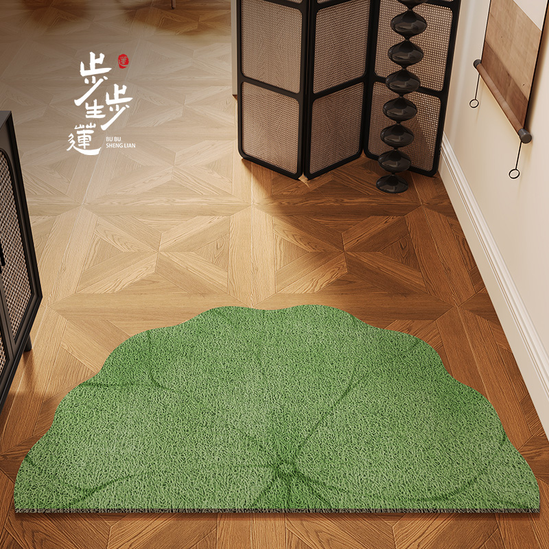 新中式半圆形入户门地垫进门门口门垫脚垫绿色荷花丝圈可裁剪地毯