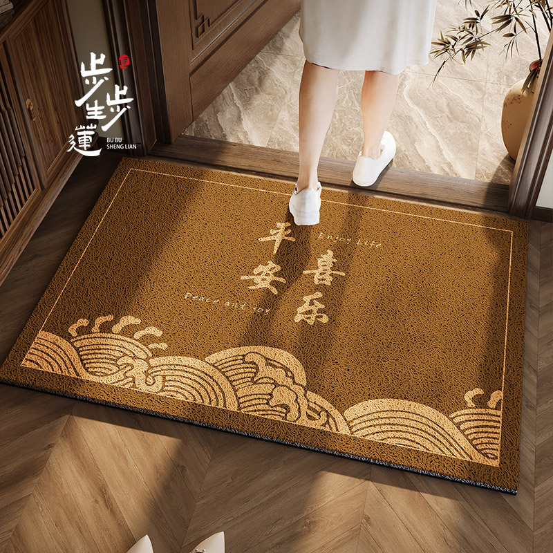 新中式土黄色地垫入户门垫咖啡色入门门口丝圈脚垫进门外棕色地毯