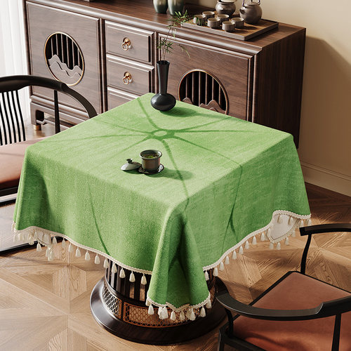 新中式绿色荷叶流苏正方形桌布麻将机客厅茶几四方桌盖布掼蛋台布