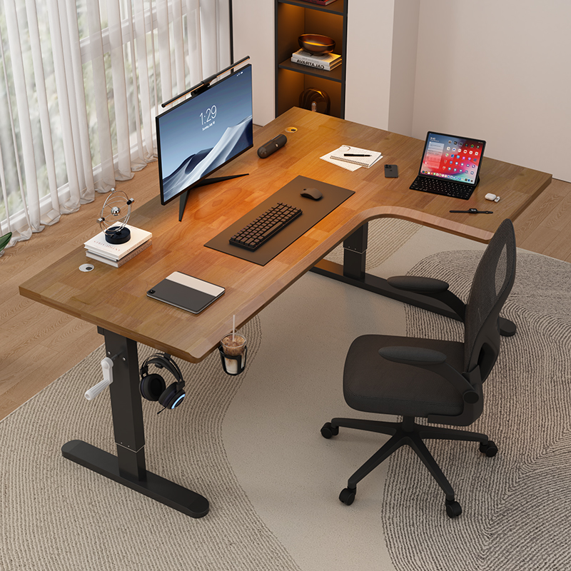 手摇升降转角电脑桌橡胶木家用实木书桌简约电竞桌L型办公学习桌