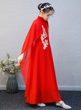 新款儿童高端礼服女童古筝演出服红色中国风主持钢琴演奏艺考走秀