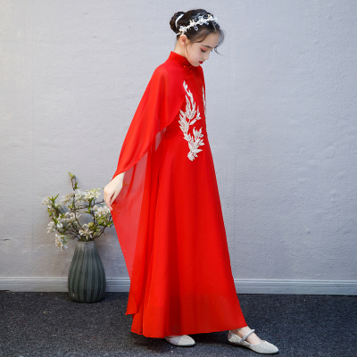 新款儿童高端礼服女童古筝演出服红色中国风主持钢琴演奏艺考走秀