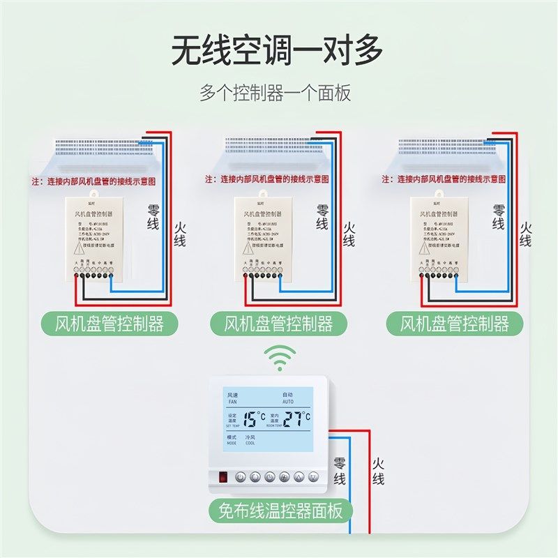 免布线温控器中央空调暗装暗藏式控制面板水风机盘管无线线控器