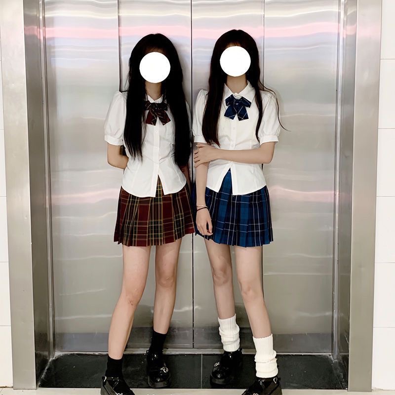 日系jk制服收腰衬衫女短袖学院风修身显瘦泡泡袖衬衣辣妹套装夏季