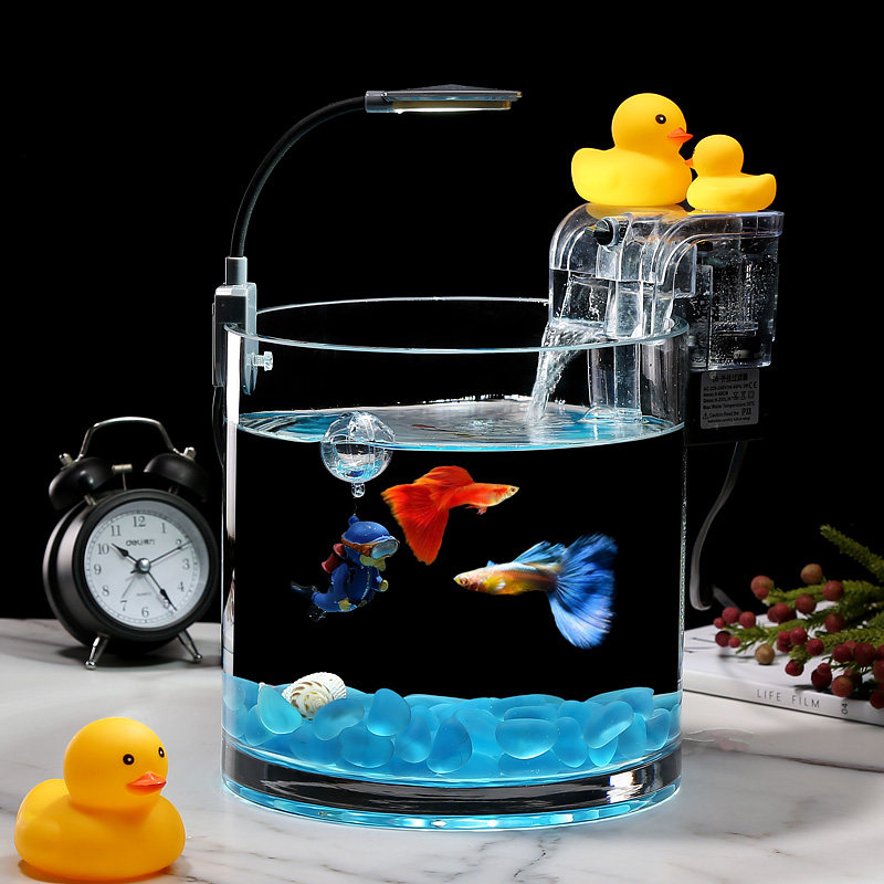 超白加厚玻璃圆柱鱼缸小型客厅办公桌面免换水生态创意金鱼斗鱼缸