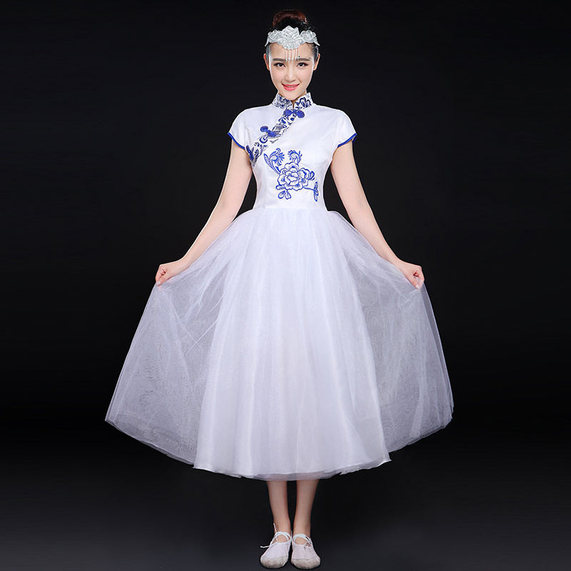 青花瓷大合唱演出服女纱裙学生合唱服装成人连衣裙二胡古筝表演服