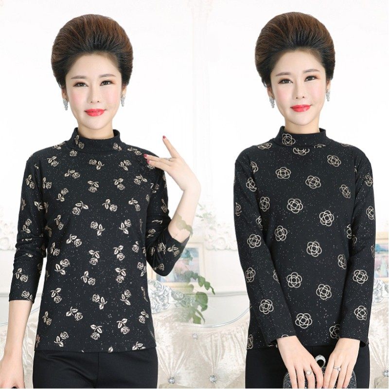 女士秋衣长袖中老年女妈妈装全棉半高领T恤中年人简约打底衫上衣